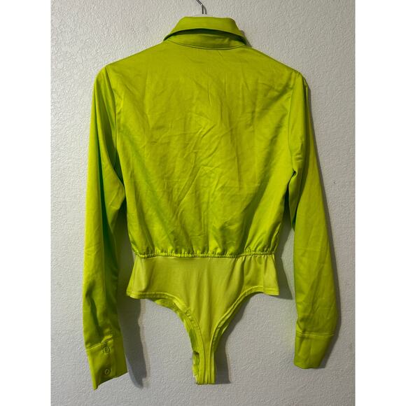 Pretty Little Thing Lime Satin Shirt Bodysuit Size 6 - Picture 2 of 7